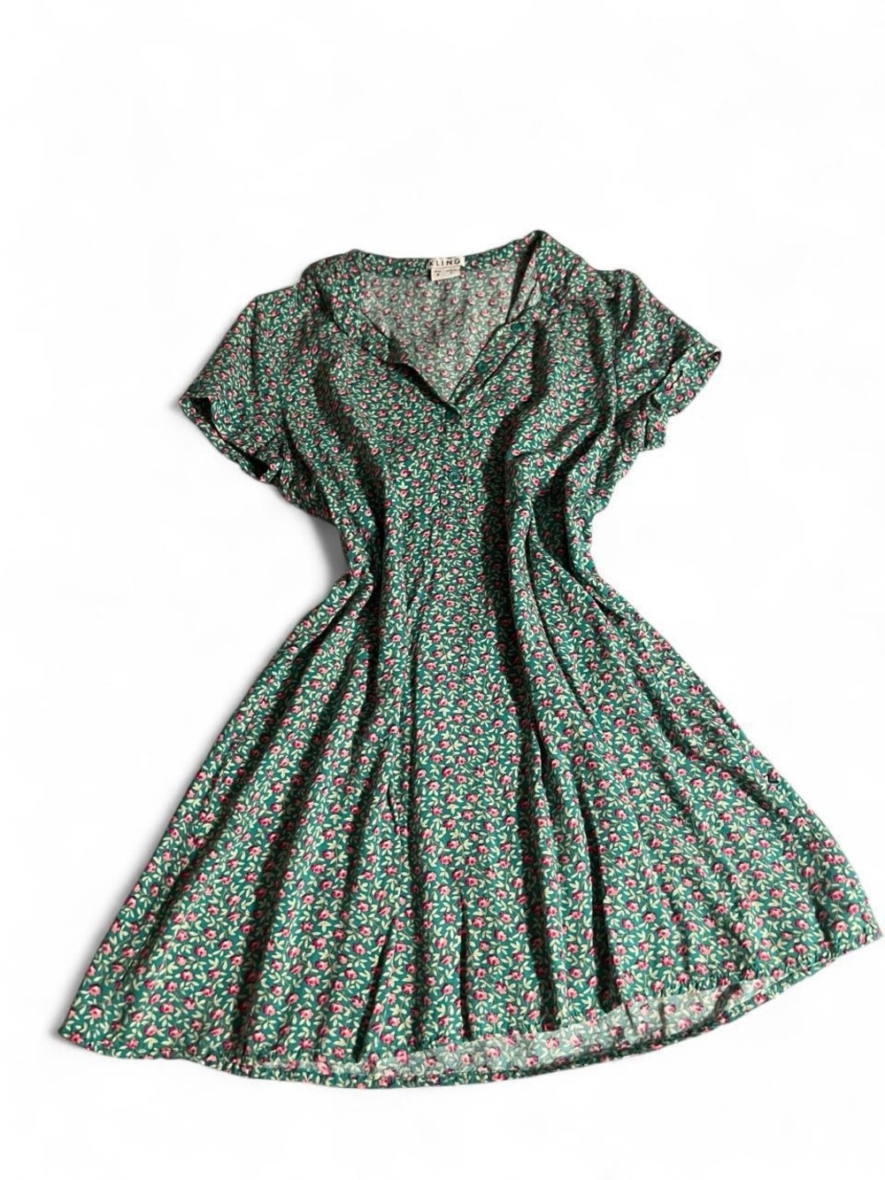KLING Vintage Green Floral Baby Doll T-Shirt Dress With Button Up Detail